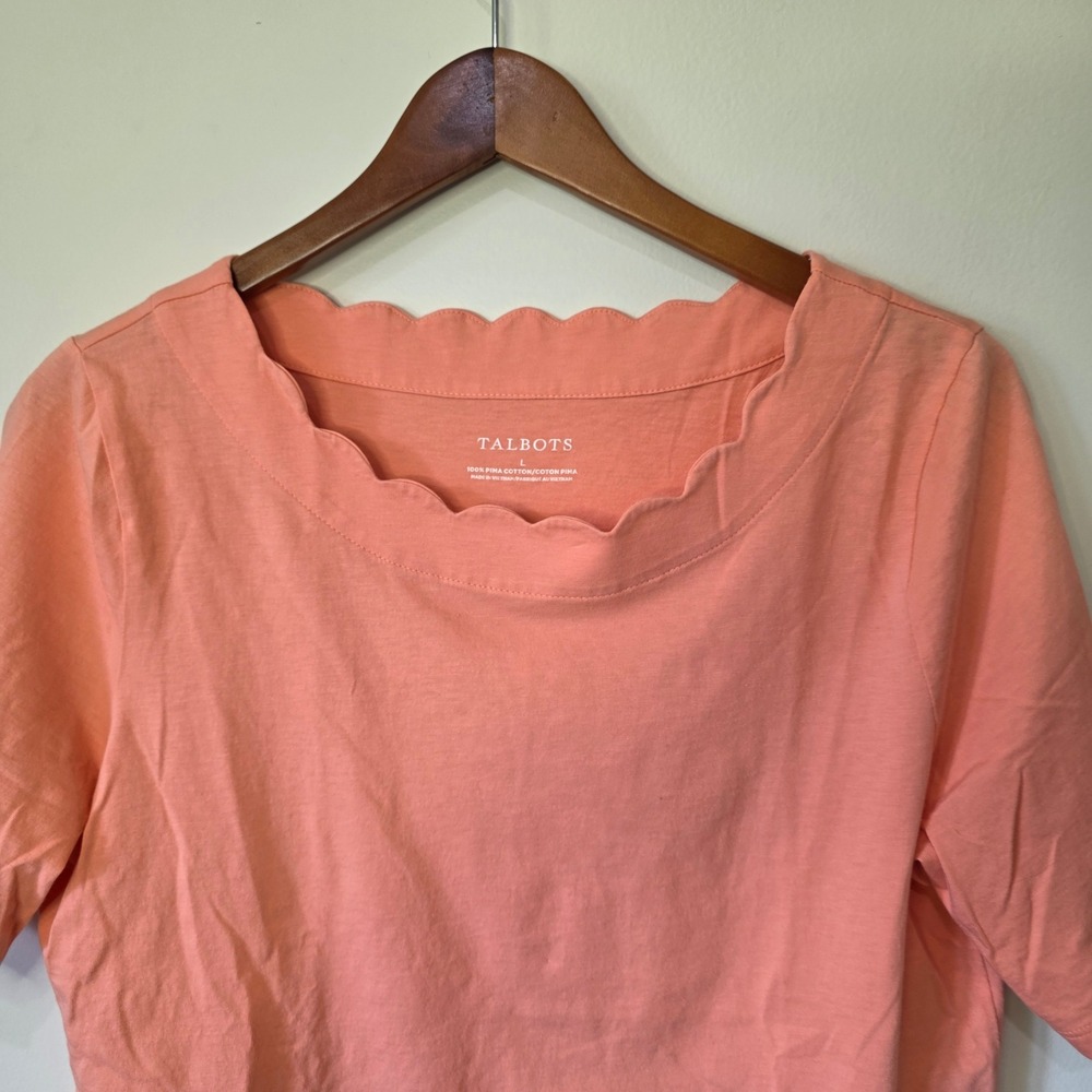 Talbots Scalloped Boat Neck Top Women Large Coral Orange Pima Cotton Classic Tee - Picture 5 of 10